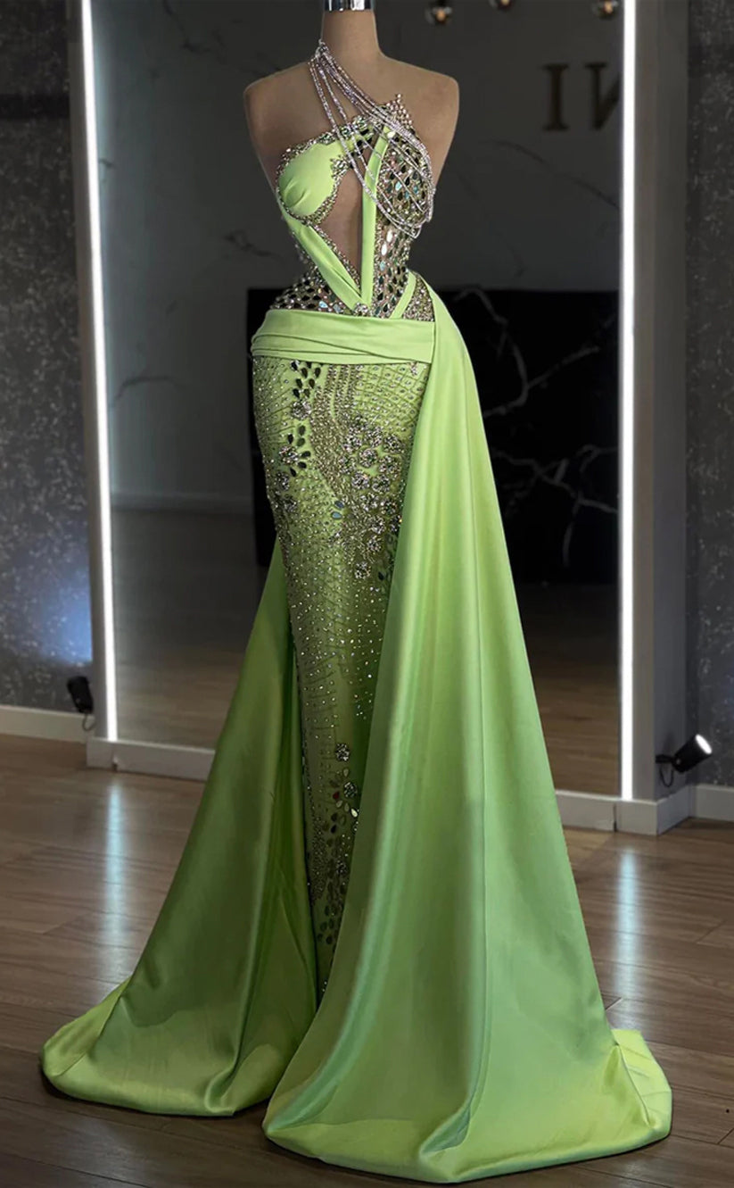 RP275-Gorgeous Trumpet One Shoulder Beads Crystals Sleeveless Prom Evening Dresses Formal Party Gowns With Detachable Train