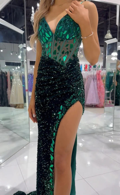 RP1258-Luxury Green Mermaid Sweetheart Sequins Mirrors Sleeveless Prom Evening Dresses Formal Party Gowns With Split