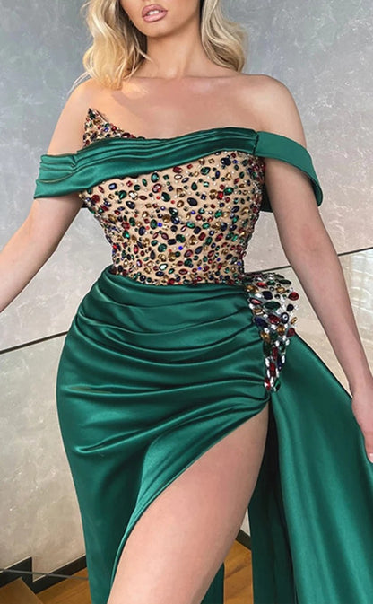 RP1262-Charming Green Mermaid Off-the-Shoulder Beads Crystals Cap Sleeves Prom Evening Dresses Formal Party Gowns With Slit