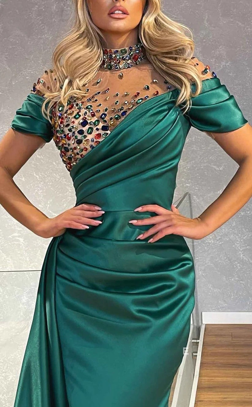 RP1263-Charming Green Mermaid High Neck Beads Crystals Cap Sleeves Prom Evening Dresses Formal Party Gowns With Slit