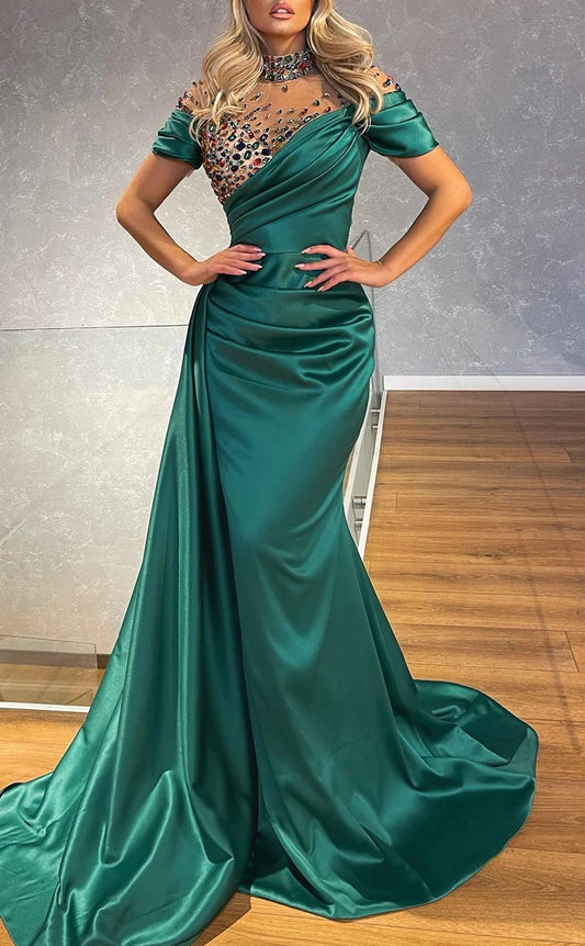 RP1263-Charming Green Mermaid High Neck Beads Crystals Cap Sleeves Prom Evening Dresses Formal Party Gowns With Slit