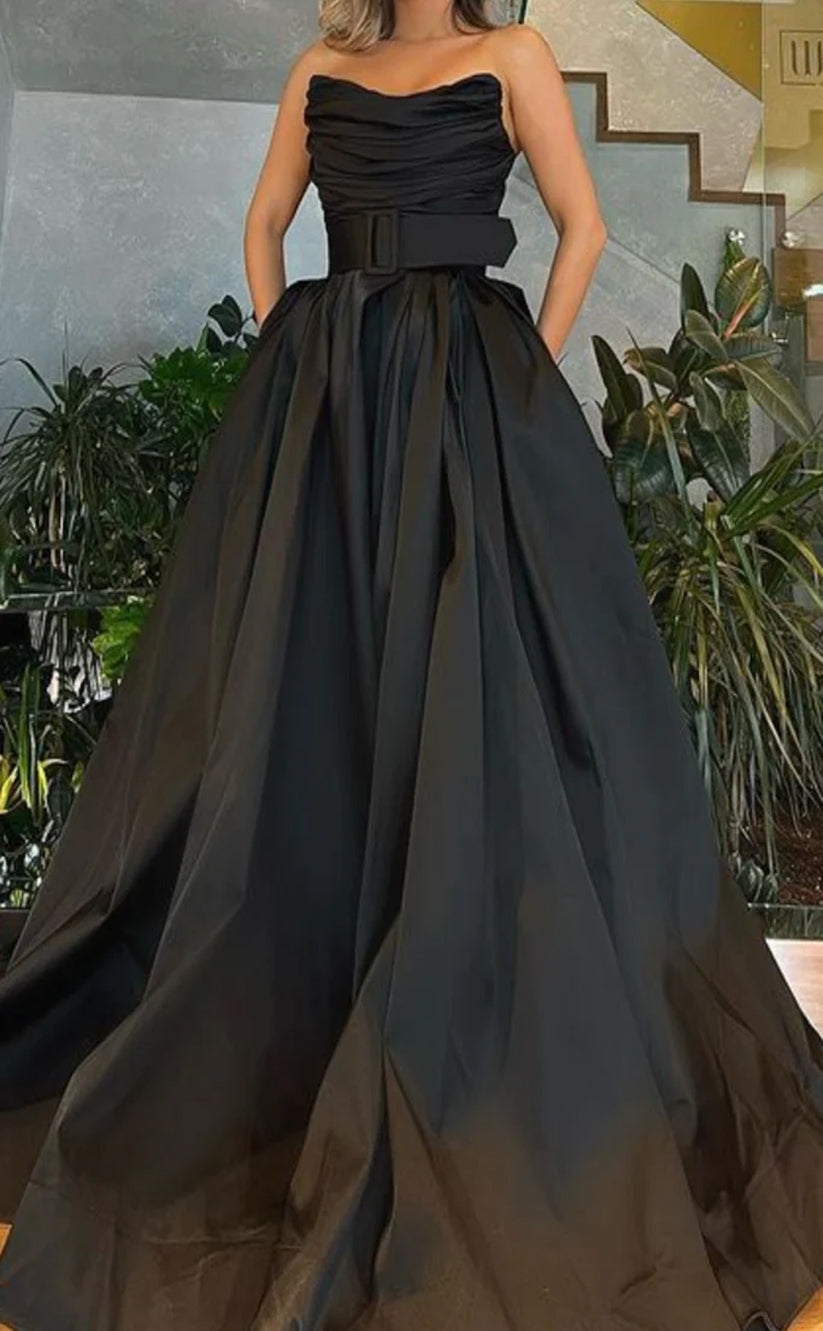 RP1260-Elegant Green A-Line Strapless Ruched Sleeveless Satin Prom Evening Dresses Formal Party Gowns