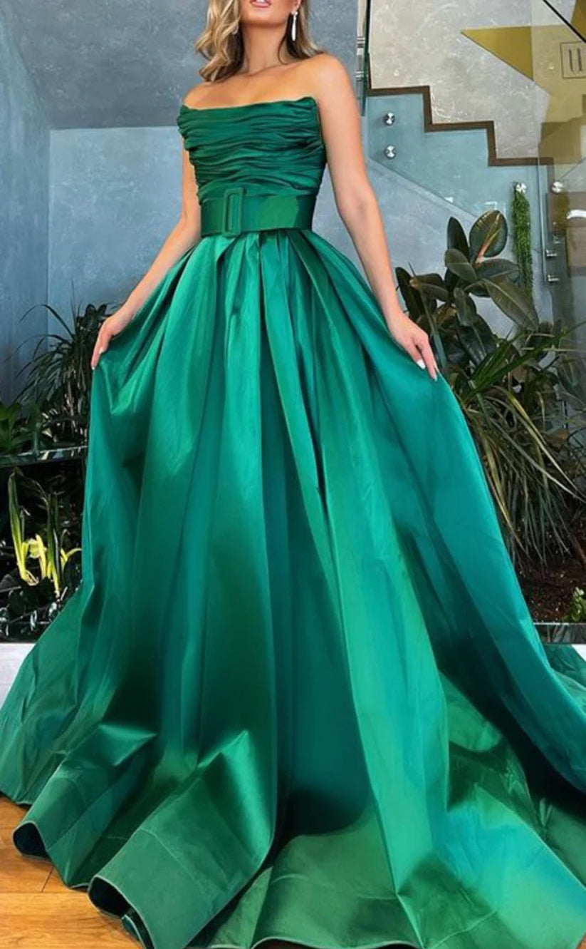 RP1260-Elegant Green A-Line Strapless Ruched Sleeveless Satin Prom Evening Dresses Formal Party Gowns