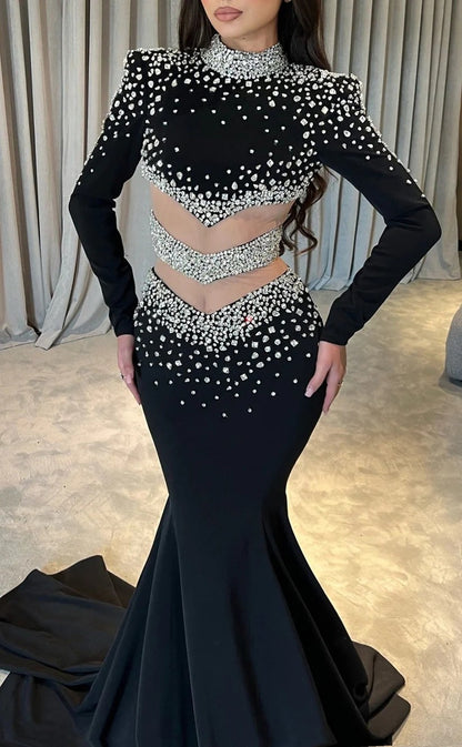 RP1253-Charming Black Mermaid High Neck Crystals Beaded Long Sleeves Satin Prom Evening Dresses Formal Party Gowns With Train