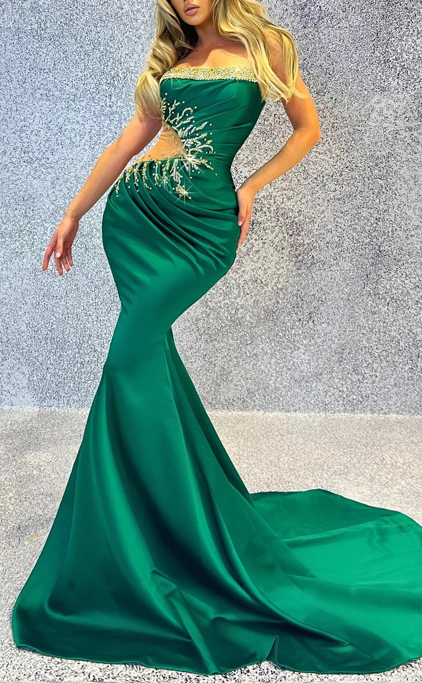 RP1255-Elegant Green Mermaid Strapless Beaded Ruched Sleeveless Satin Prom Evening Dresses Formal Party Gowns