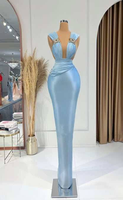 RP276-Gorgeous Sky Blue Trumpet V-Neck Beads Pleated Sleeveless Prom Evening Dresses Formal Party Gowns