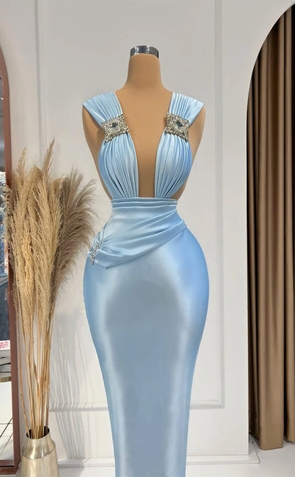 RP276-Gorgeous Sky Blue Trumpet V-Neck Beads Pleated Sleeveless Prom Evening Dresses Formal Party Gowns