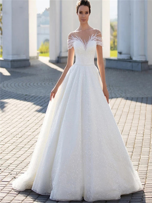 Modern A-Line Wedding Dresses Scoop Cap Sleeves Buttons Back Tulle Through Sweep Train Bridal Gowns