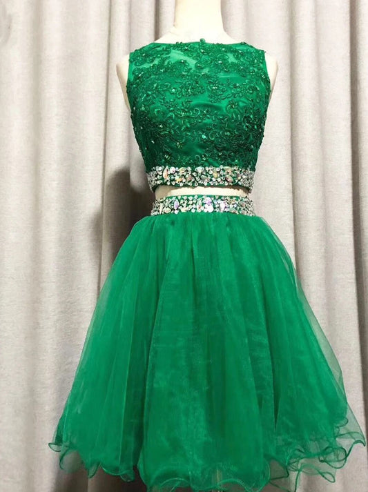 Two Pieces A line Mesh Summer Appliques Beads Crystals Lace Sexy Mini Prom Gown Appliques Short Green Homecoming Dress Party Dress Robe Vestido Evening Gown