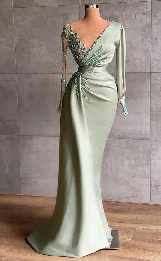 RP361-Elegant Mermaid Illusion Neck Pleated Appliqued Sequined Long Sleeves Prom Evening Dresses Formal Party Gowns