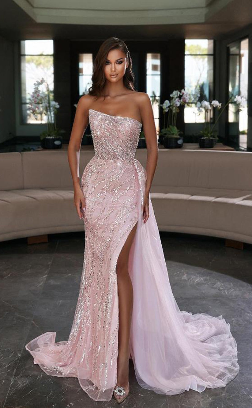 RP199-Pink Trumpet Strapless Sequins Beads Long Prom Evening Dresses Formal Party Gowns With Slit