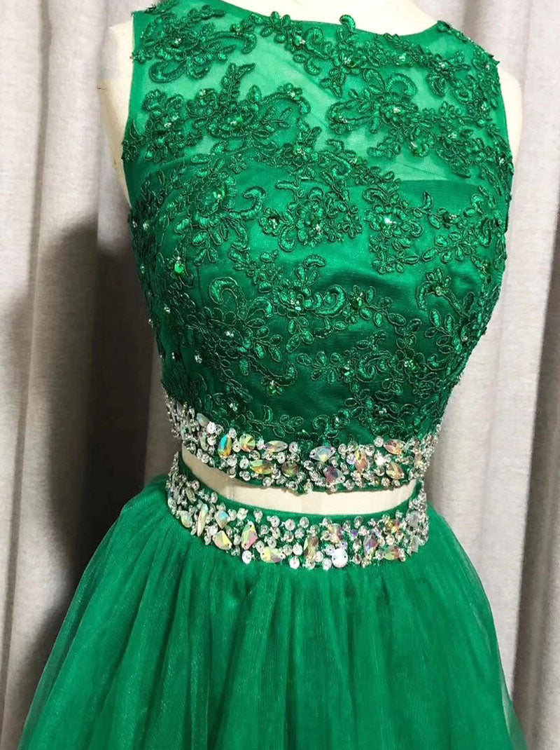 Two Pieces A line Mesh Summer Appliques Beads Crystals Lace Sexy Mini Prom Gown Appliques Short Green Homecoming Dress Party Dress Robe Vestido Evening Gown