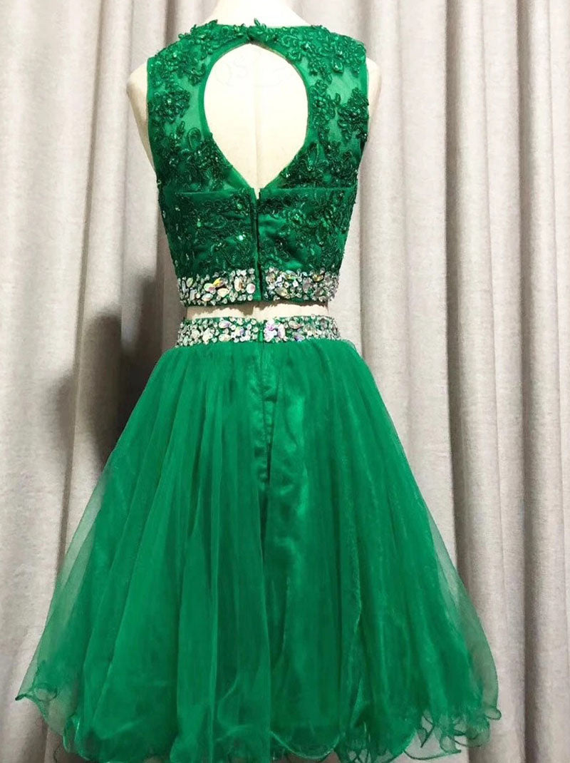 Two Pieces A line Mesh Summer Appliques Beads Crystals Lace Sexy Mini Prom Gown Appliques Short Green Homecoming Dress Party Dress Robe Vestido Evening Gown