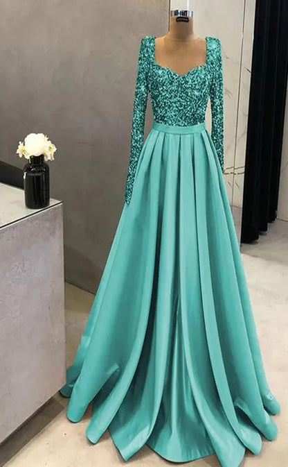 RP049-Elegant A-Line Sweetheart Long Sleeves Beads Sequins Side Slit Lace up Back Long Satin Prom Dresses With Pockets Evening Party Gowns