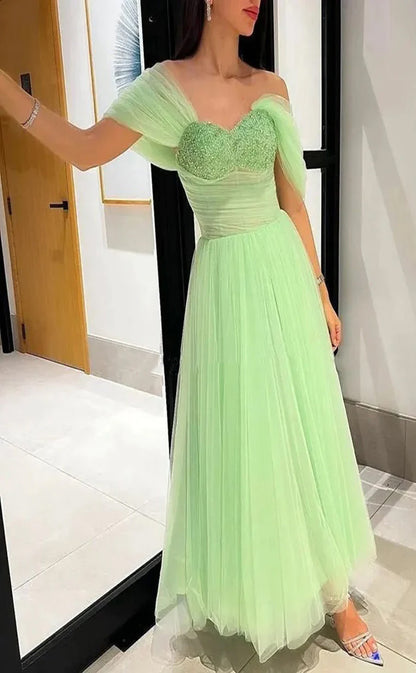 RP027-Mint A-Line Sweetheart Off the Shoulder Beads Crystals Lace up Back Tulle Tea Lenght Formal Prom Cocktail Dresses Party Gowns