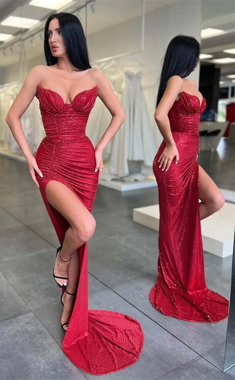 RP466-Charming Red Mermaid Sweetheart Ruched Sequins Sleeveless Long Prom Evening Dresses Formal Party Gowns With Side Slit