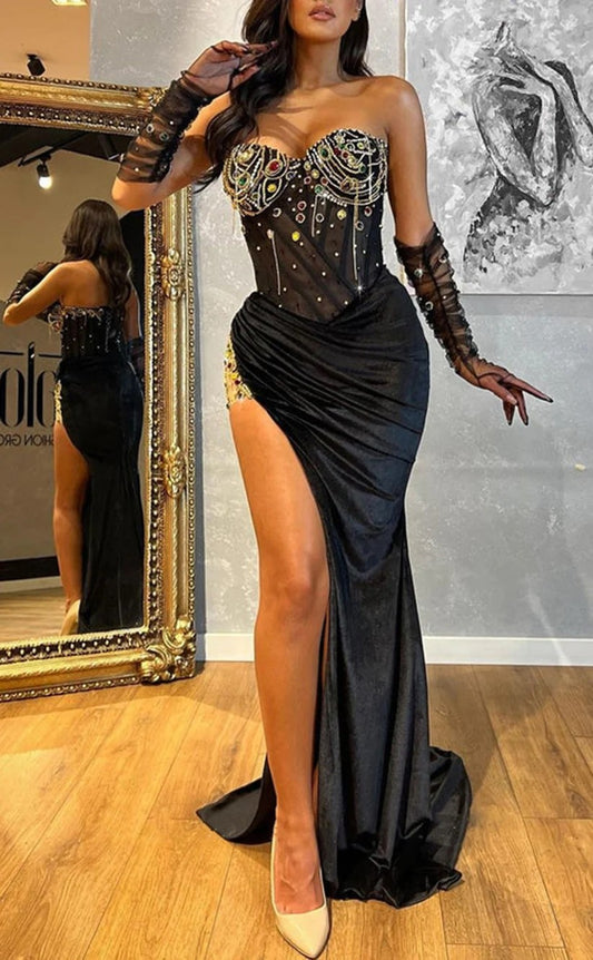 RP1198-New Black Mermaid Strapless Crystals Beads Long Sleeves Prom Evening Dresses Formal Party Gowns With Split