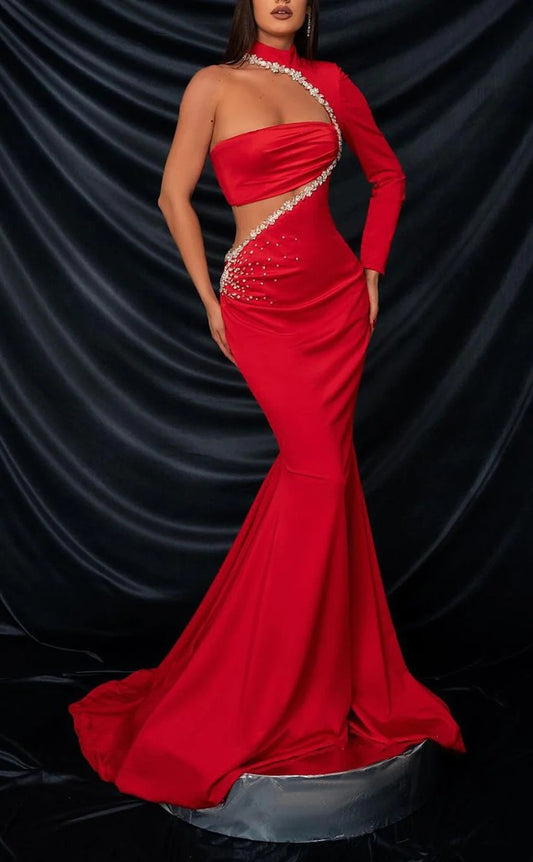 RP1200-New Red Mermaid High Neck Crystals Beads One Long Sleeve Prom Evening Dresses Formal Party Gowns