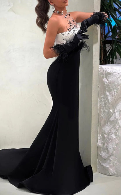 RP1203-New Black Mermaid High Neck Crystals Feather Empire Satin Prom Evening Dresses Formal Party Gowns With Gloves