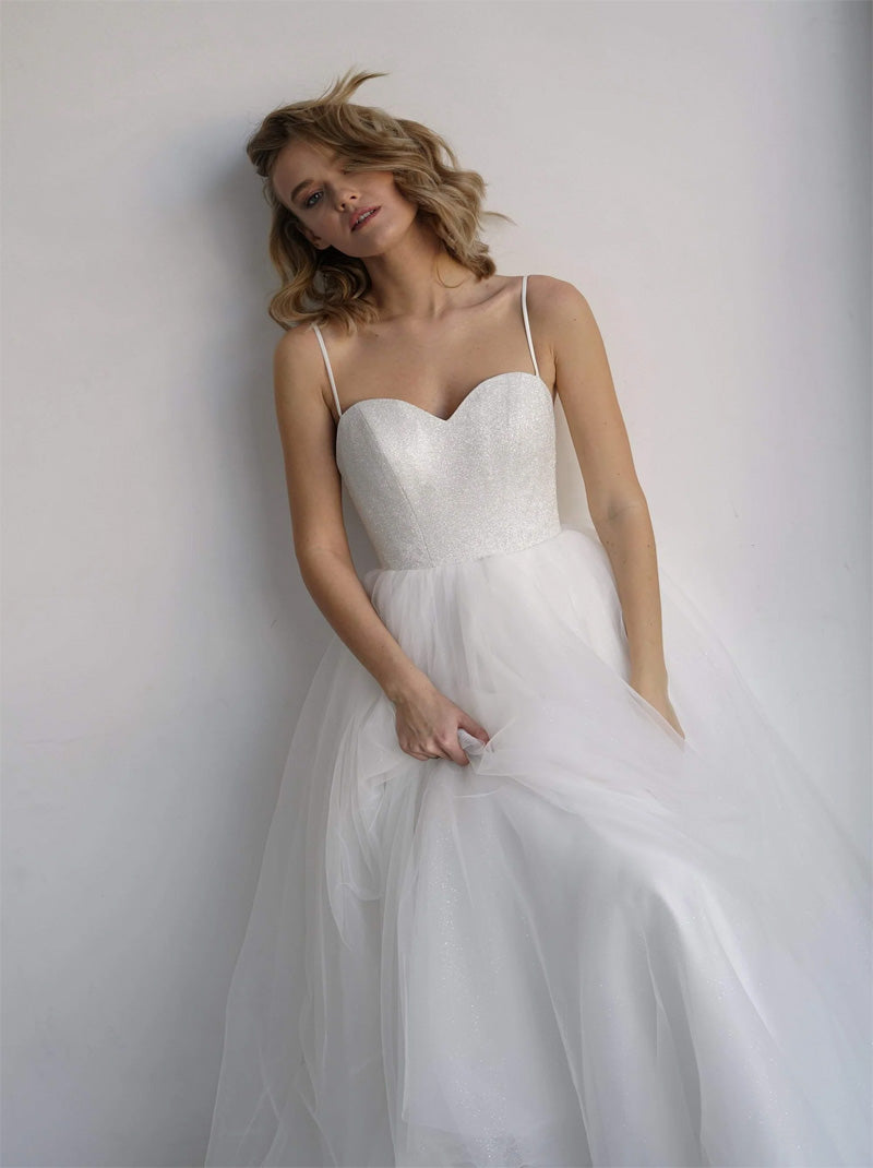 White A-Line Wedding Dresses Spaghetti Sequins Sleeveless Lace Up Tulle Floor Length Bridal Gowns Custom Made