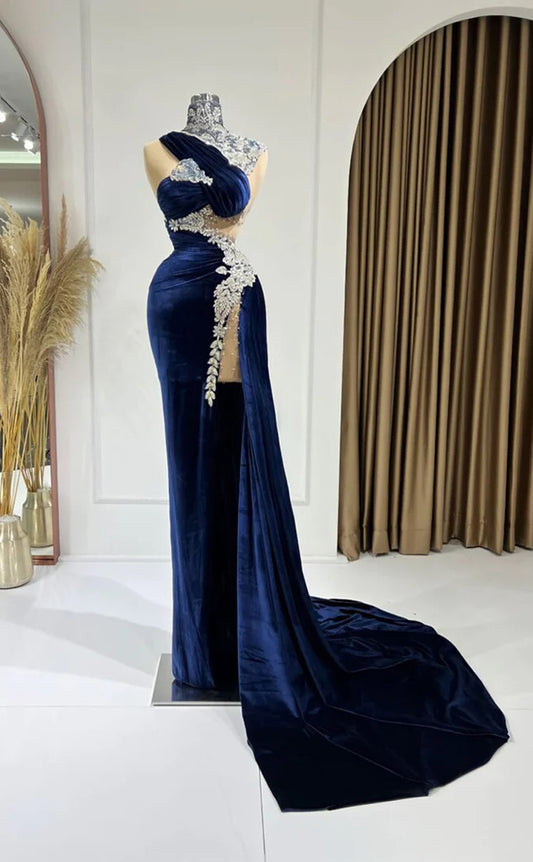 RP277-Gorgeous Navy Blue Sheath/Column High Neck Beads Appliqued One Long Sleeve Velvet Prom Evening Dresses Formal Party Gowns With Side Slit