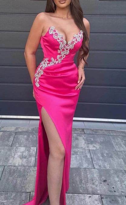 RP1207-New Fuchsia Mermaid Sweetheart Appliqued Beads Sleeveless Prom Evening Dresses Formal Party Gowns With Split