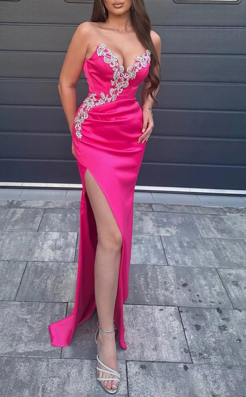 RP1207-New Fuchsia Mermaid Sweetheart Appliqued Beads Sleeveless Prom Evening Dresses Formal Party Gowns With Split