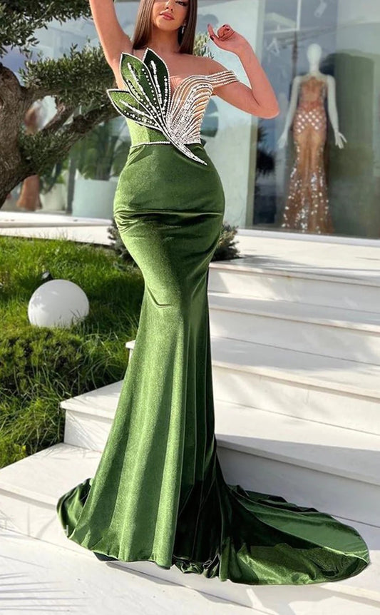 RP1211-Luxury Green Mermaid Illusion Neck Crystals Beaded Cap Sleeves Velvet Prom Evening Dresses Formal Party Gowns With Train