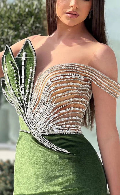 RP1211-Luxury Green Mermaid Illusion Neck Crystals Beaded Cap Sleeves Velvet Prom Evening Dresses Formal Party Gowns With Train