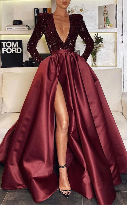 RP474-Elegant A-Line V-Neck Ruched Sequins Long Sleeves Long Prom Evening Dresses Formal Party Gowns With Side Slit