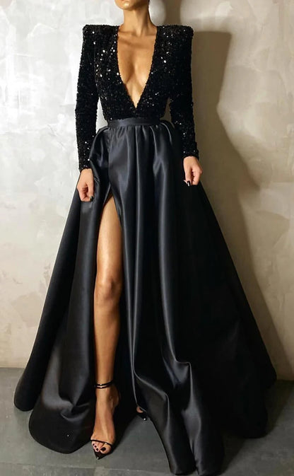 RP474-Elegant A-Line V-Neck Ruched Sequins Long Sleeves Long Prom Evening Dresses Formal Party Gowns With Side Slit