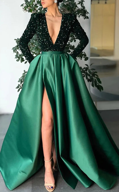 RP474-Elegant A-Line V-Neck Ruched Sequins Long Sleeves Long Prom Evening Dresses Formal Party Gowns With Side Slit