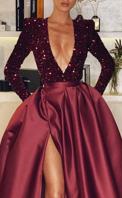 RP046-Elegant A-Line Deep V-Neck Long Sleeves Sequins Side Split Satin Long Women's Prom Evening Dresses Formal Party Gowns