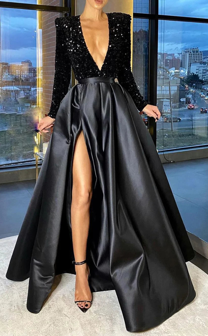 RP474-Elegant A-Line V-Neck Ruched Sequins Long Sleeves Long Prom Evening Dresses Formal Party Gowns With Side Slit