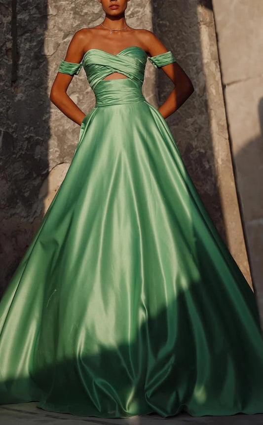 RP1181-New Green A-Line Off-the-Shoulder Ruched Sleeveless Long Prom Evening Dresses Formal Party Gowns With Train