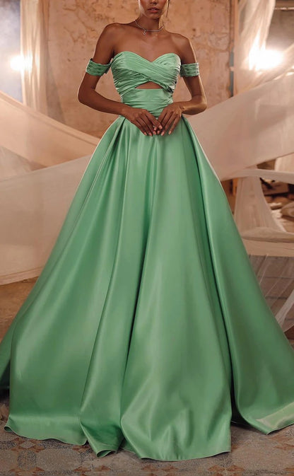 RP1181-New Green A-Line Off-the-Shoulder Ruched Sleeveless Long Prom Evening Dresses Formal Party Gowns With Train