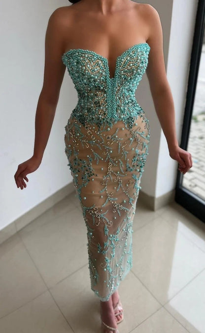 RP1182-Luxury Mermaid Sweetheart Beads Pearls Sleeveless Tea Length Prom Evening Dresses Formal Party Gowns