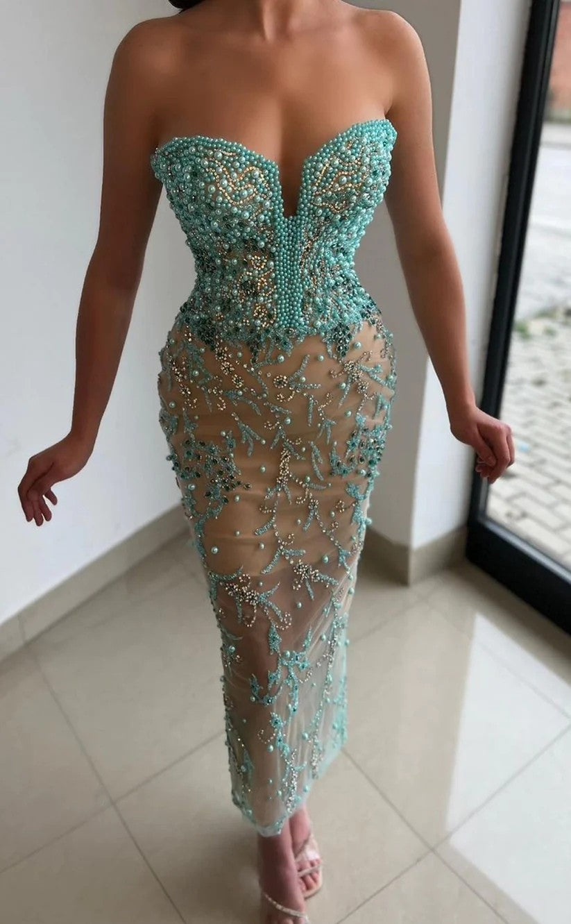 RP1182-Luxury Mermaid Sweetheart Beads Pearls Sleeveless Tea Length Prom Evening Dresses Formal Party Gowns