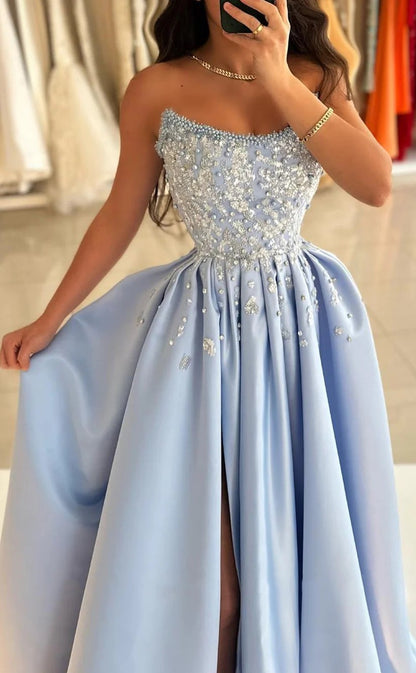 RP1187-New Sky Blue A-Line Strapless Pearls Sequins Sleeveless Long Prom Evening Dresses Formal Party Gowns With Split