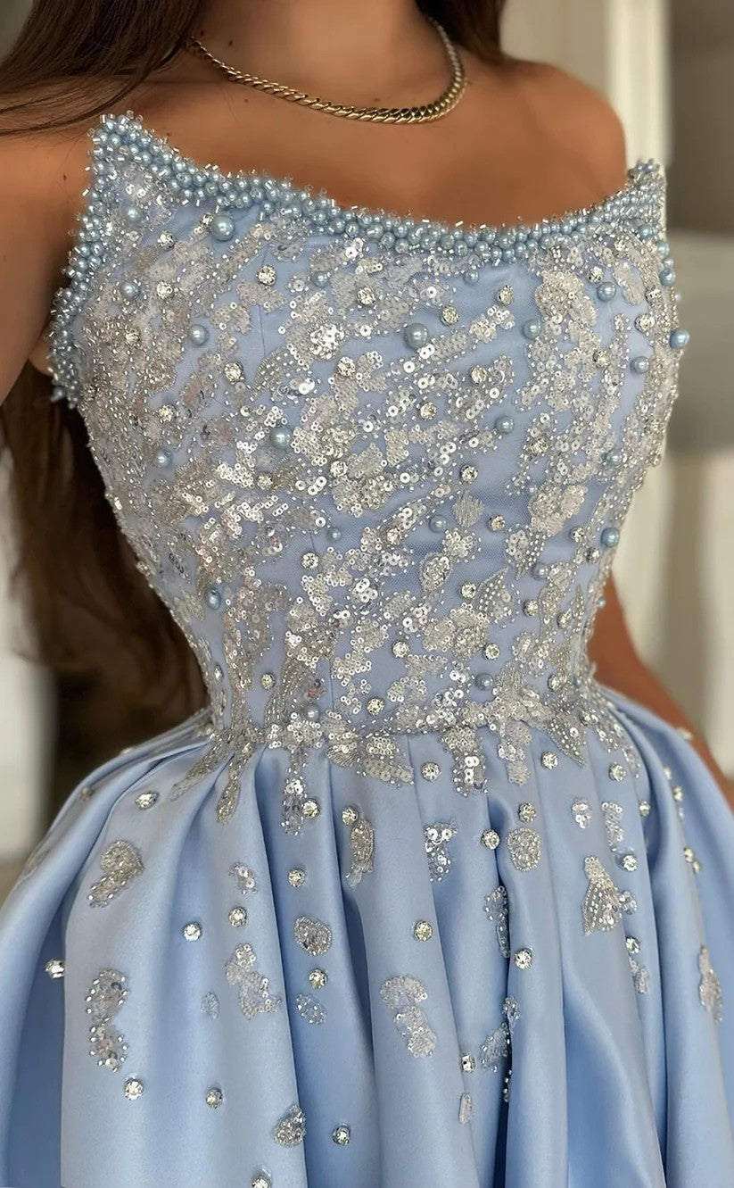 RP1187-New Sky Blue A-Line Strapless Pearls Sequins Sleeveless Long Prom Evening Dresses Formal Party Gowns With Split