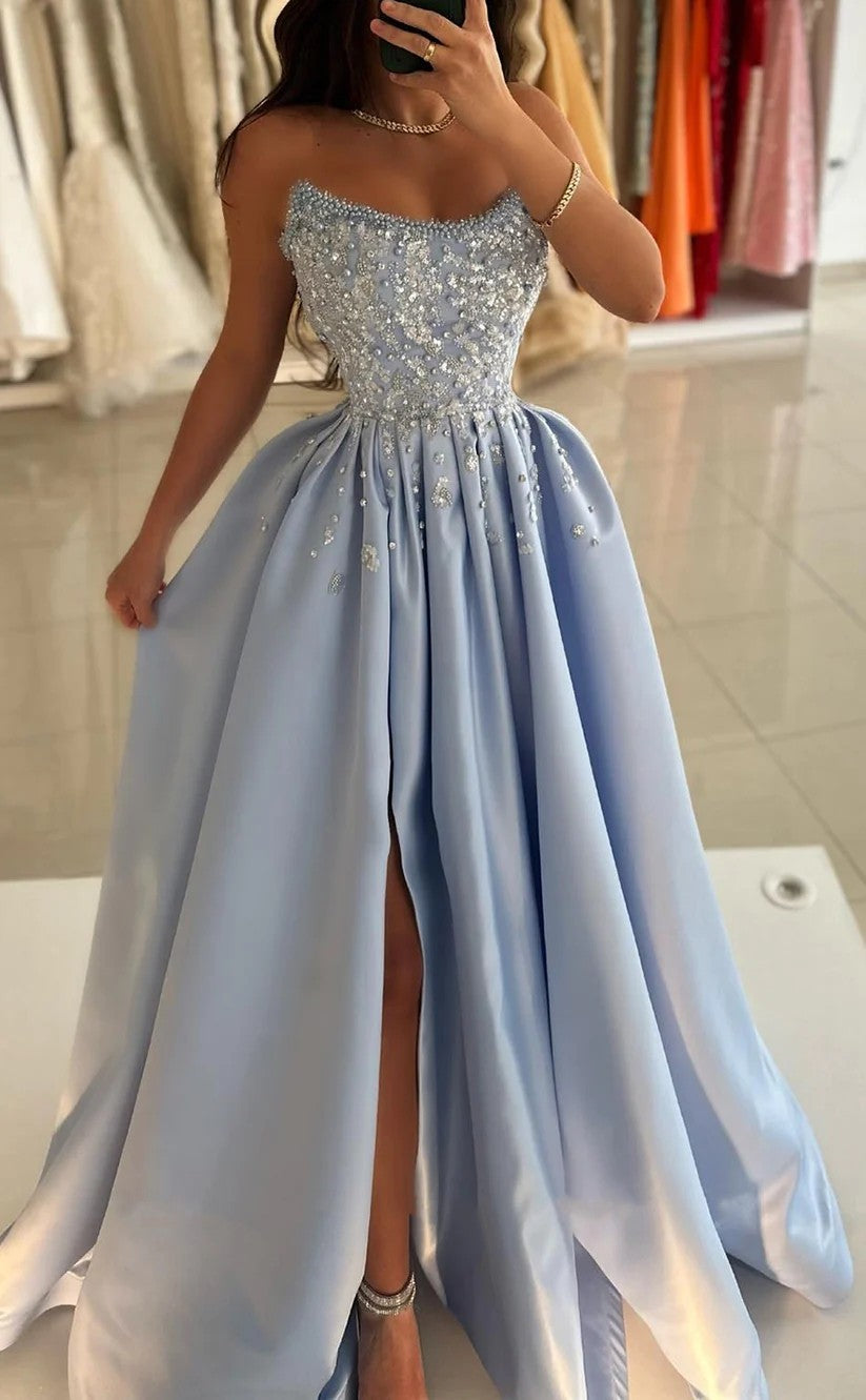 RP1187-New Sky Blue A-Line Strapless Pearls Sequins Sleeveless Long Prom Evening Dresses Formal Party Gowns With Split