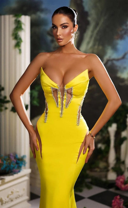 RP1190-Elegant Mermaid Yellow V-Neck Crystals Beads Sleeveless Long Prom Evening Dresses Formal Party Gowns