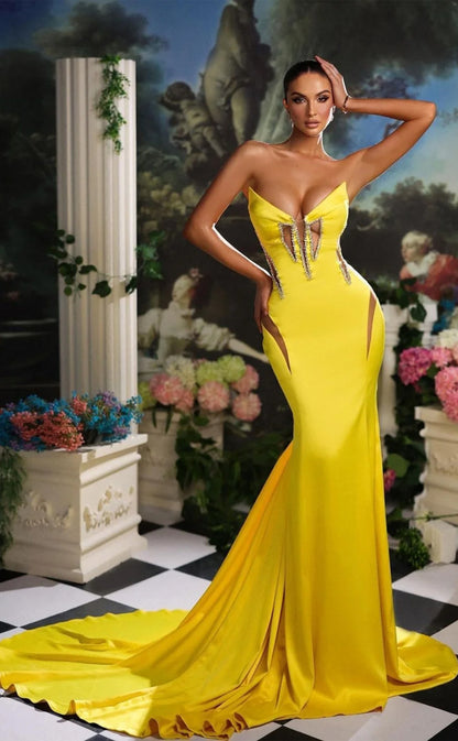 RP1190-Elegant Mermaid Yellow V-Neck Crystals Beads Sleeveless Long Prom Evening Dresses Formal Party Gowns