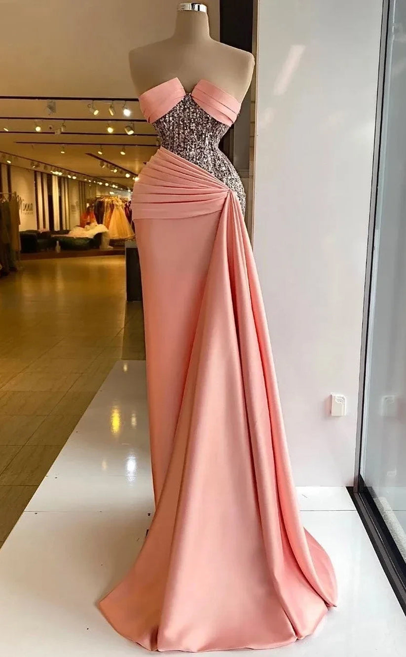 RP1191-Elegant Mermaid Coral Sweetheart Sequins Ruched Sleeveless Long Prom Evening Dresses Formal Party Gowns