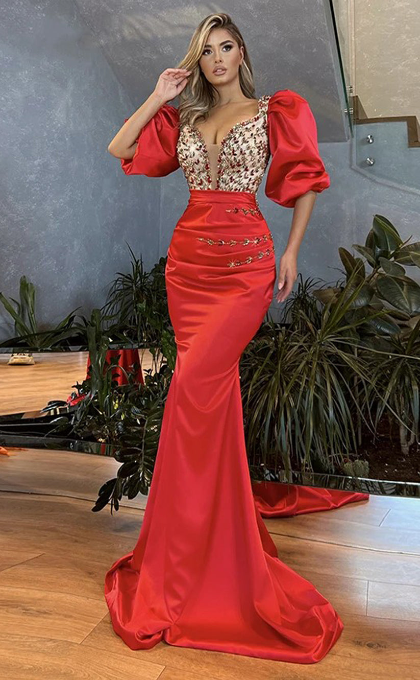 RP1195-Gorgeous Red Mermaid Sweetheart Ruched Crystals Puffy Half Sleeves Prom Evening Dresses Formal Party Gowns