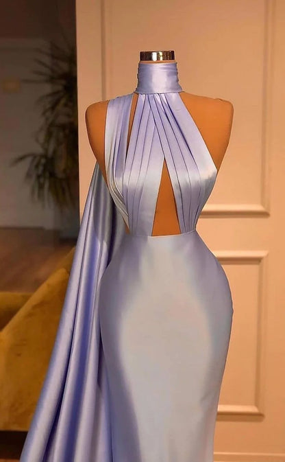 RP1194-New Lavender Mermaid High Neck Ruched Sleeveless Prom Evening Dresses Formal Party Gowns With Train