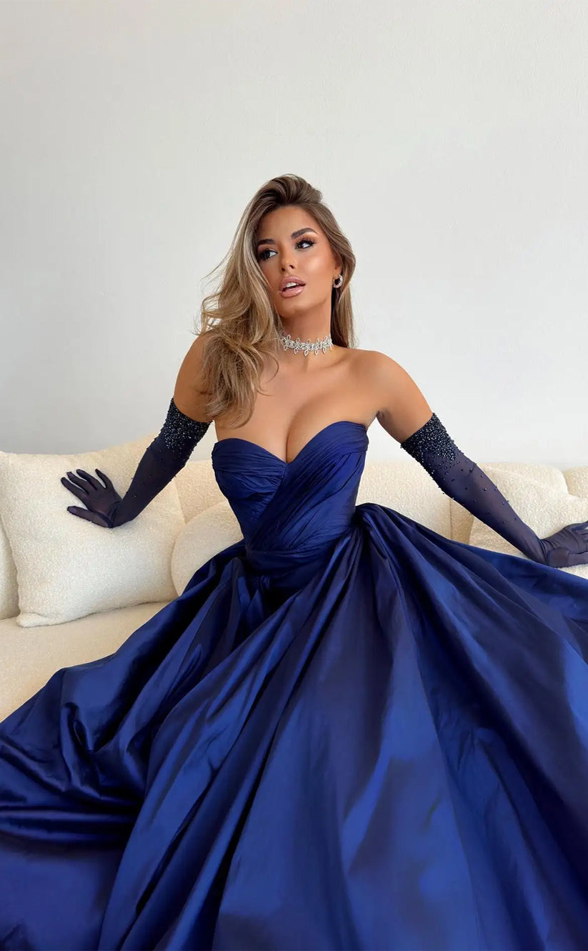 RP1196-New Royal Blue A-Line Sweetheart Ruched Long Sleeves Long Prom Evening Dresses Formal Party Gowns With Split