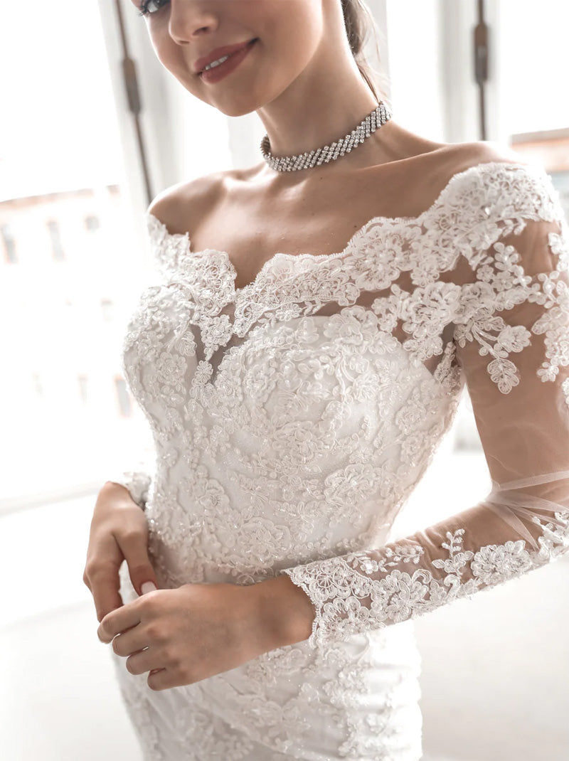 Luxurious Mermaid Wedding Dresses Off The Shoulder Beaded Appliqued Lace Illusion Long Sleeves Covered Buttons Tulle Bridal Gowns Custom Design With Detachable Long Train