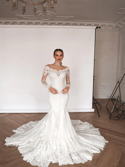 Luxurious Mermaid Wedding Dresses Off The Shoulder Beaded Appliqued Lace Illusion Long Sleeves Covered Buttons Tulle Bridal Gowns Custom Design With Detachable Long Train