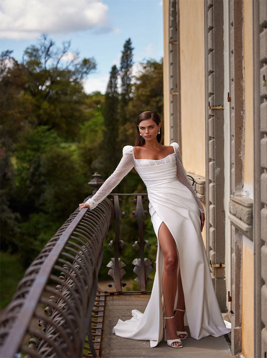 Gorgeous & Sparkling Mermaid Wedding Dresses Strapless Pleated Beads Long Sleeves Satin Sweep Train Bridal Gowns With Slit